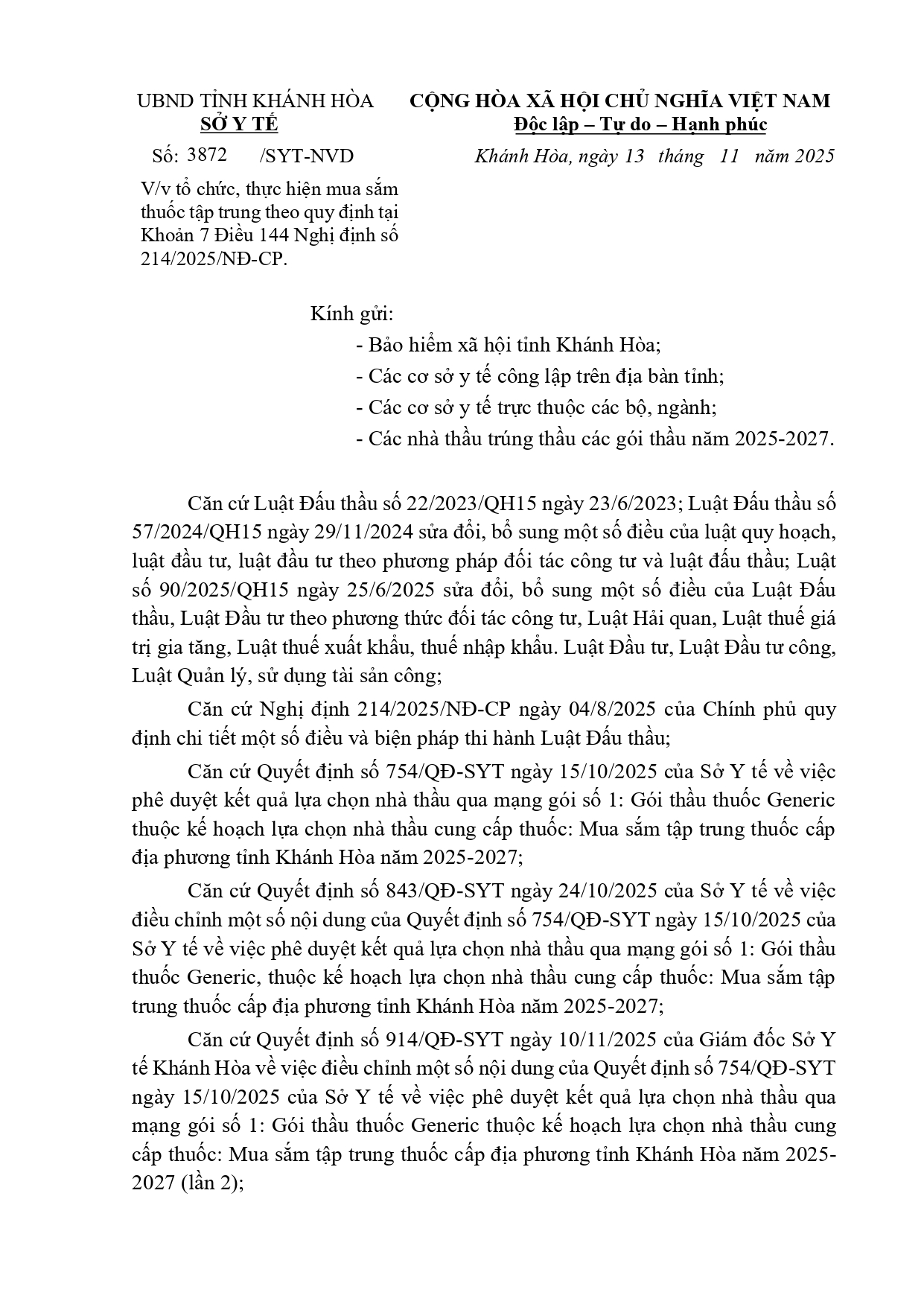 V/v tổ chức, thực hiện mua sắm thuốc tập trung theo quy định tại Khoản 7 Điều 144 Nghị định số 214/2025/NĐ-CP